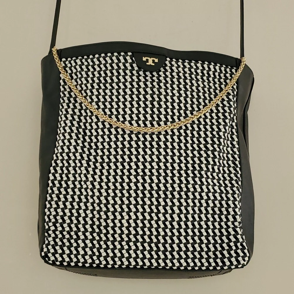 Tory Burch Erica Hobo Bag in Black and White Woven Leather